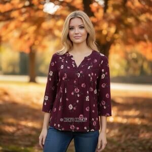 Stitch Fix Burgundy Floral Blouse Split Neck 3/4 Sleeve Pleated Fall Top Size S